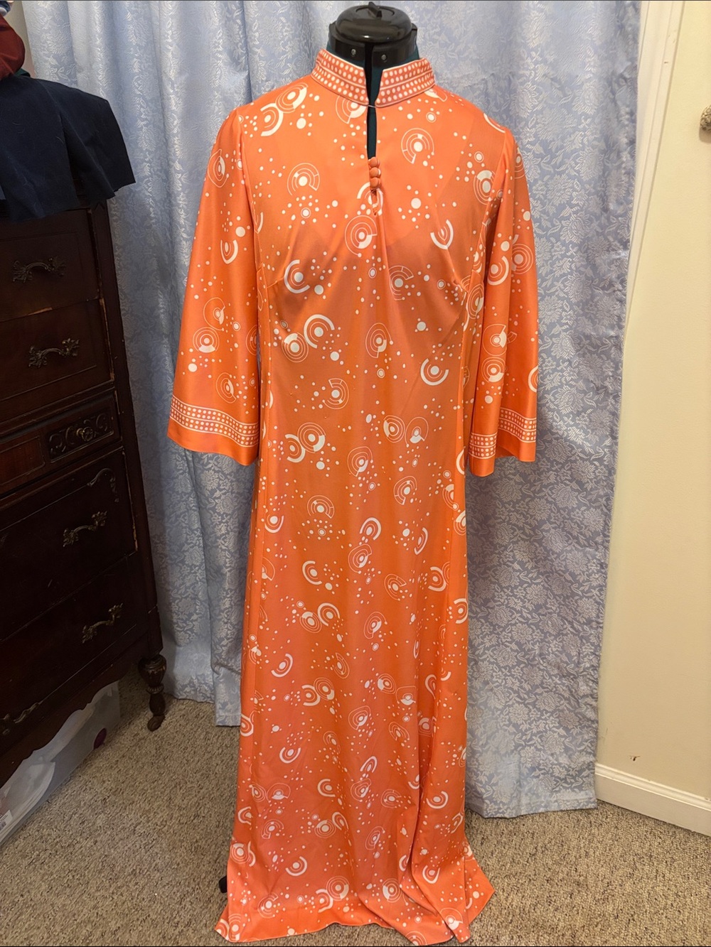 Vintage 1970’s Orange Maxi Dress with White Abstract Dot Motif